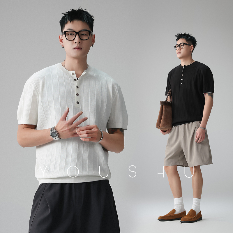 Old Money Style Merino Wool Henry Collar Knit Sweater T-Shirt for Men 2026 Spring/Summer New Ribbed Vertical Stripe Short-Sleeve Trendy