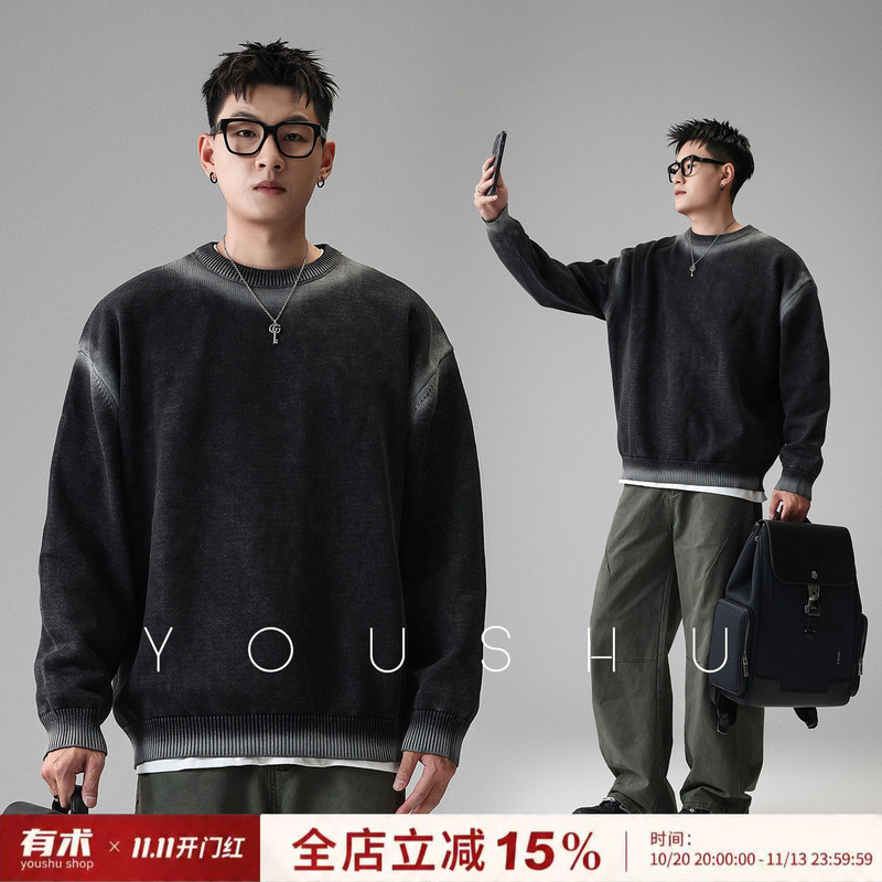 Tie-Dye American-Style Trendy Design Crew Neck Sweater for Men, Winter Loose Knitwear