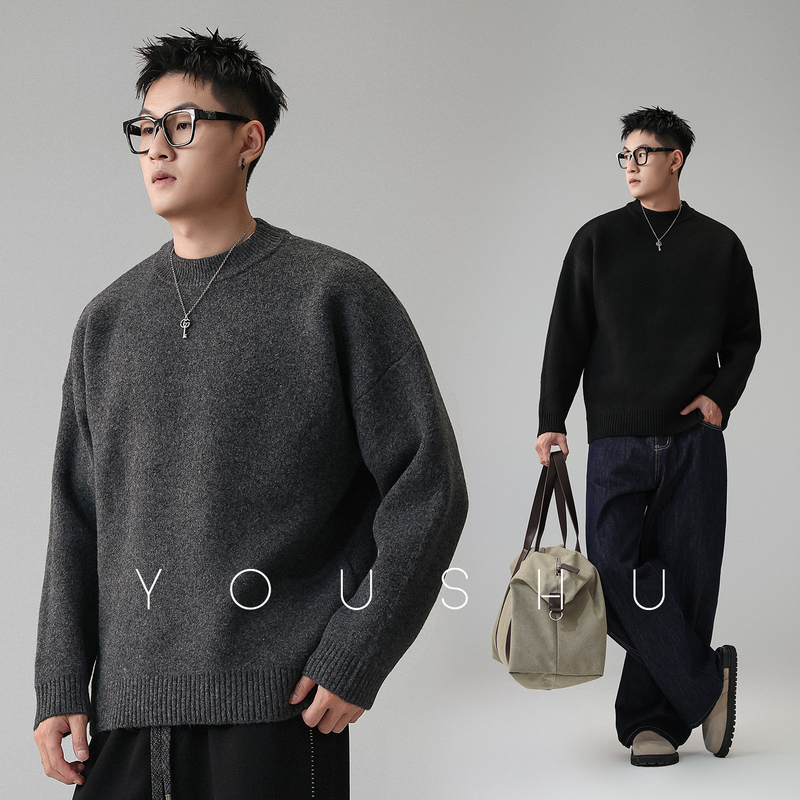 Youshu Black Round-Neck High-End Sweater for Men 2026 New Autumn and Winter Loose-Fitting Inner Layer Knitwear Long-Sleeve Youshu Black Round-Neck High-End Sweater for Men 2026 New Autumn and Winter Loose-Fitting Inner Layer Knitwear Long-Sleeve