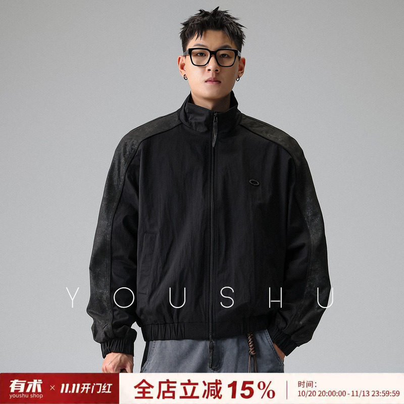 American-Style Trendy Brand Patchwork Stand-Up Collar Jacket for Men, Autumn and Spring, Loose Casual Men's Cool and Stylish Lightweight Jacket