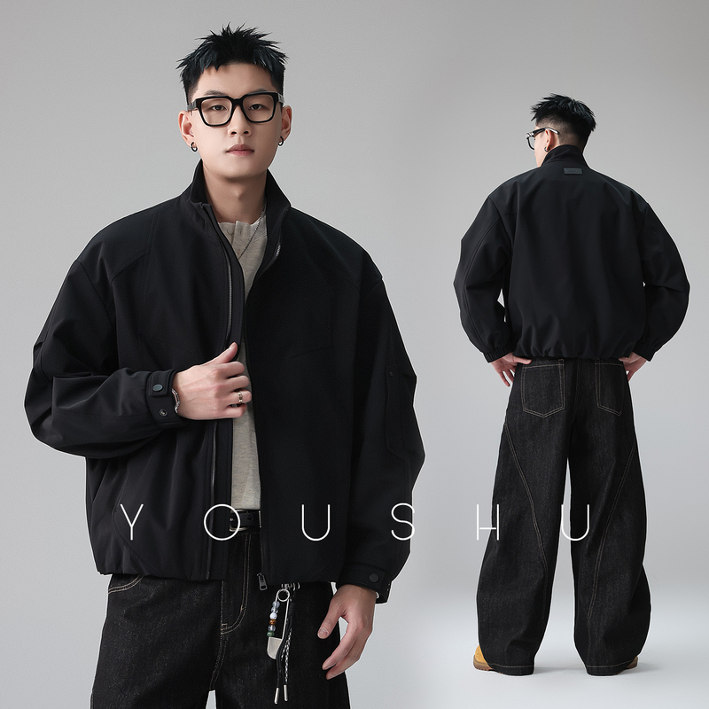 Deconstructed Pleated Black Stand-Up Collar Jacket for Men 2026 Spring New American Style Trendy Brand High-End Simple Loose Coat Deconstructed Pleated Black Stand-Up Collar Jacket for Men 2026 Spring New American Style Trendy Brand High-End Simple Loose Coat