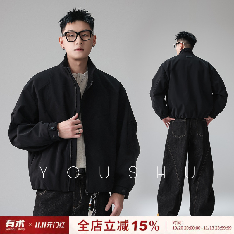 Deconstructed Pleated Black Stand-Up Collar Jacket for Men 2026 Spring New American Style Trendy Brand High-End Simple Loose Coat Deconstructed Pleated Black Stand-Up Collar Jacket for Men 2026 Spring New American Style Trendy Brand High-End Simple Loose Coat