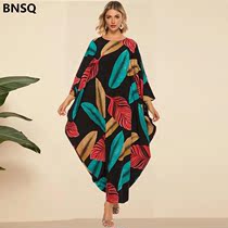 Robe dress skirt large size womens bat mid sleeve pleated color leaf print casual loose dress