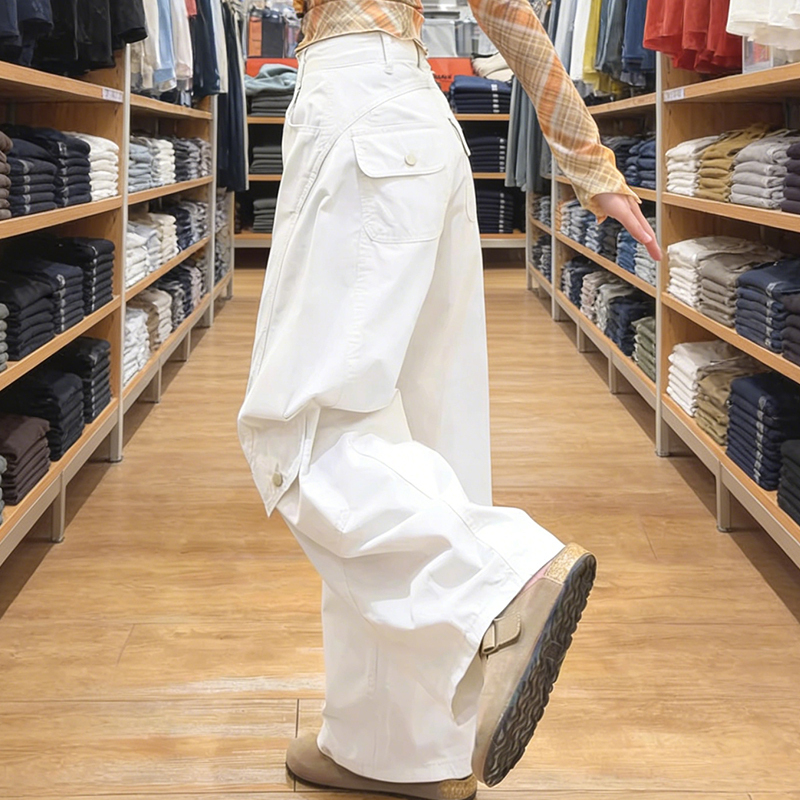 Petite White Workwear Casual Knife-Cut Pants for Women, Summer High-Waisted Loose Multi-Pocket Sports Wide-Leg Floor-Length Pants, Size XS Petite White Workwear Casual Knife-Cut Pants for Women, Summer High-Waisted Loose Multi-Pocket Sports Wide-Leg Floor-Length Pants, Size XS
