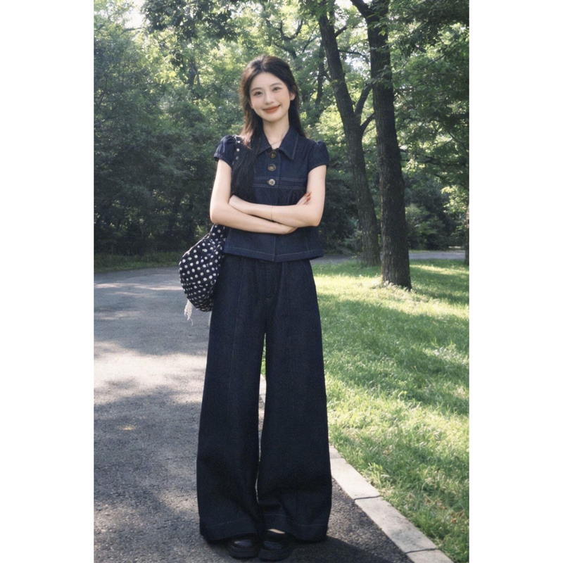 Korean Style Sportswear Suit for Women, Summer Retro Imitation Denim Shirt, Short-Sleeved Wide-Leg Pants, Loose Casual Two-Piece Set