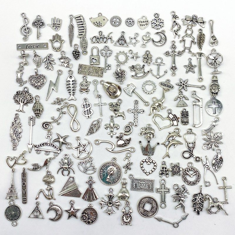 100 New Accessories Handmade DIY Vintage Silver Small Pendant Earrings Studs Necklace Keychain Metal Making Materials