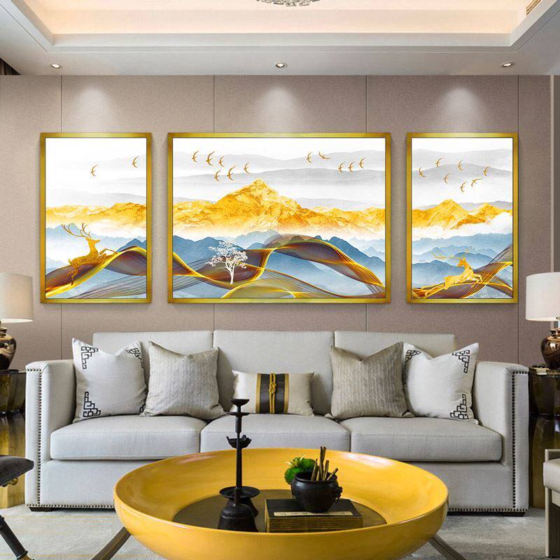Back against Jinshan silver Mountain decoration painting Living room sofa Background wall Triple hanging painting elk light extravaganza Feng Shui Mural Paintings