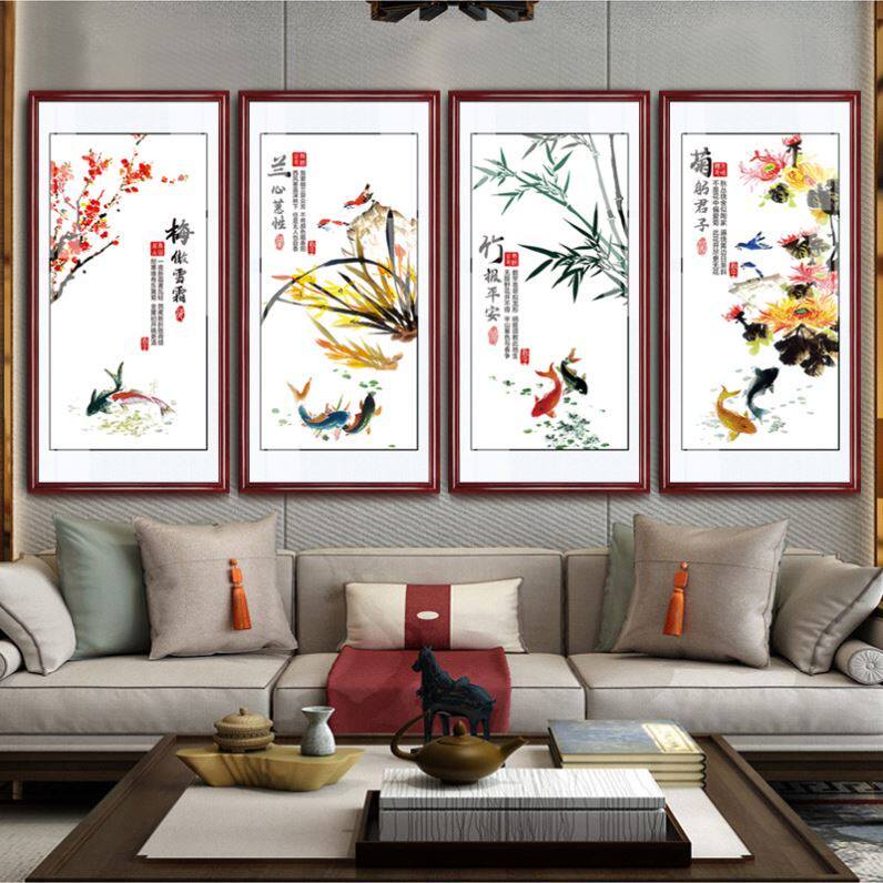 Chinese painting Melan bamboo hanging drawing room Chinese style four-dimensional decoration characters painting four screen ink Chinese wind mural frame