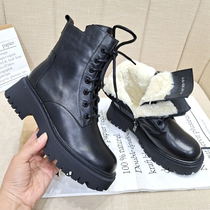 2021 autumn and winter thick-soled short boots women leather warm wool one snow boots flat bottom thick heel lace-up Martin boots women