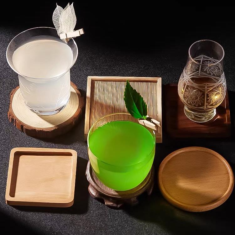 Bar Qihang Solid Wood Bamboo Coasters, Natural Wood Square, Round, Rectangular Whiskey Tasting Cups, Cocktail Coasters