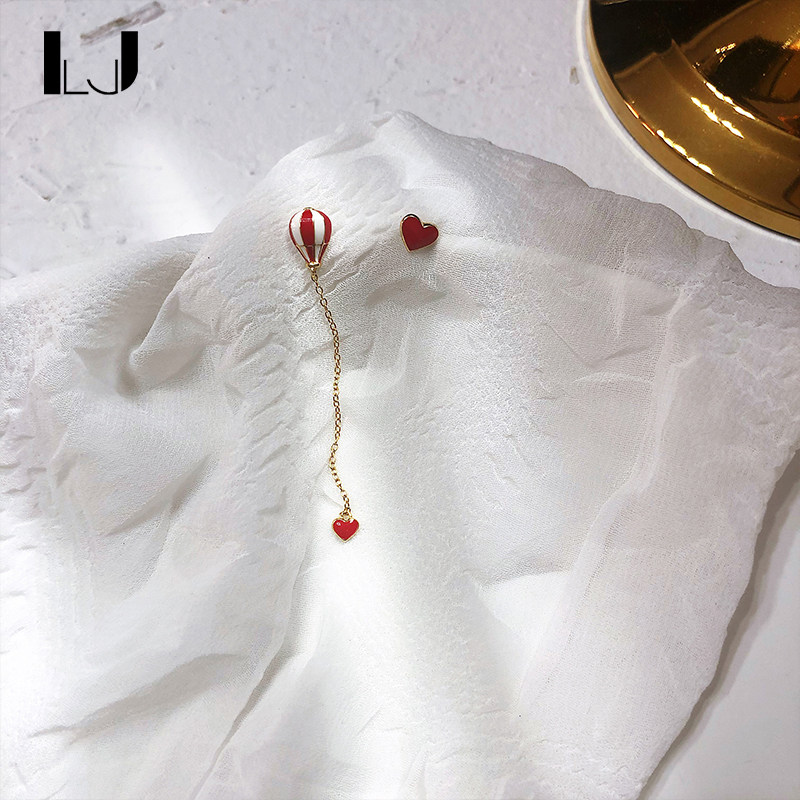 Earrings suitable for round faces, hot air balloon, ear needles, thin and asymmetrical female long version of red earrings, 925 silver temperament