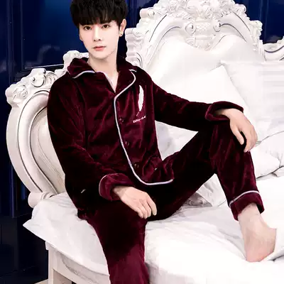 Spring and autumn padded velvet flannel pajamas men long sleeve set coral velvet autumn and winter warm home clothing autumn and winter