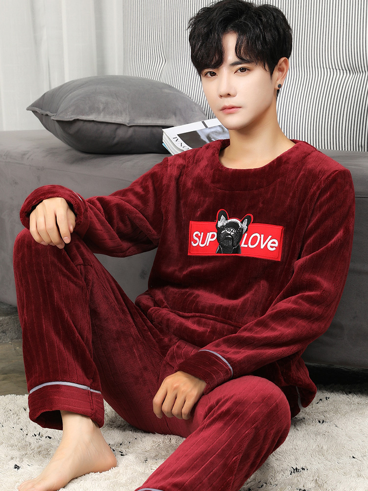 Men's pajamas winter coral velvet thickened velvet warm flannel Youth long-sleeved loungewear Autumn and winter suit