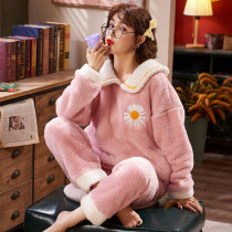 Pajamas ladies autumn and winter coral velvet padded velvet warm flannel Korean home clothing fresh set