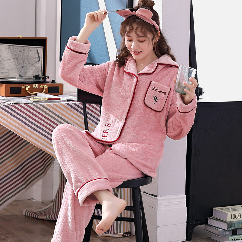 Coral Suede Pajamas Woman Autumn Winter Thickened Warm Flannel Suede Spring Autumn Winter Plush Long Sleeves At-home Sweatshirt Suits
