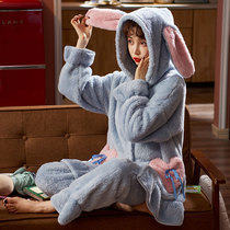 Spring Autumn Winter Coral Suede Pajamas Woman Winter Thickened and velvety flannel Warm Cute Home Suit Suit Winter