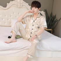 Pajamas mens summer ice silk short sleeve trousers home clothing mens silk loose summer thin silk set