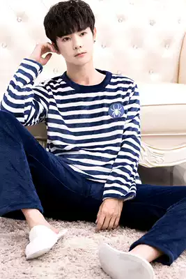 Pajamas men winter flannel thickened warm autumn and winter long sleeves casual young men coral velvet home clothing set