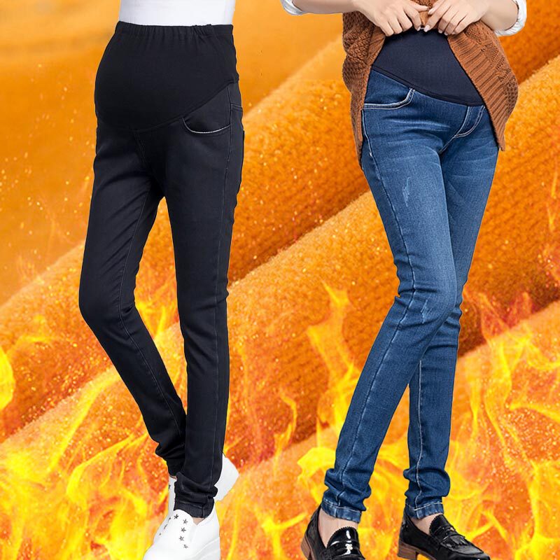 2018 New Pregnant Women Pants Winter Dress Plus Suede Thickened Pregnant Woman Jeans Large Size Yard of pants Pants Stretch inside Pants Tide