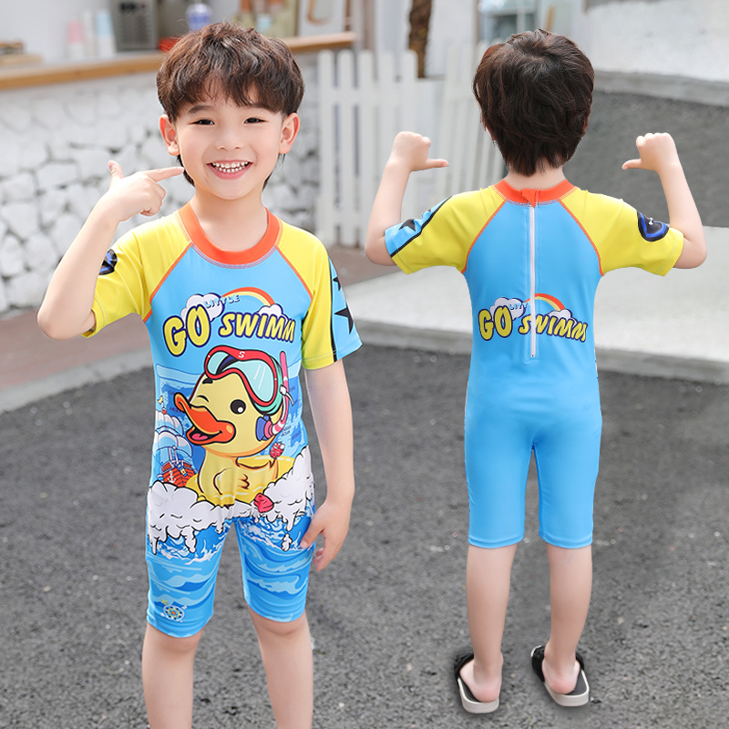 Children's one-piece swimsuit Sunscreen quick-drying breathable small, medium and large children's hot spring swimsuit Cute little yellow duck boy swimsuit