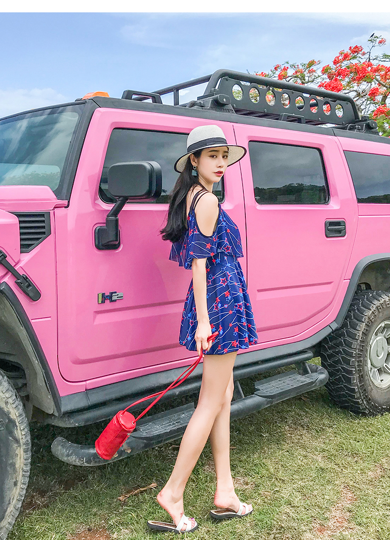 Bộ đồ bơi nữ liền thân bảo thủ kiểu váy thon gọn bụng thon gọn ngực nhỏ thu nhỏ tươi mát ngoài vai. - Bộ đồ bơi One Piece áo tắm liền thân