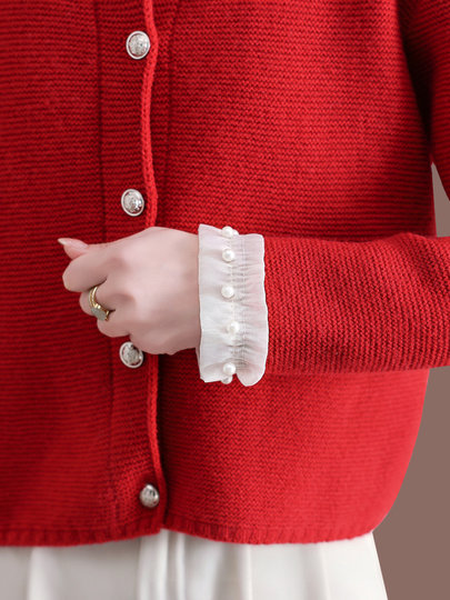 蕾丝边毛衣短外套女春秋外搭2025新款上衣洋气羊毛针织开衫