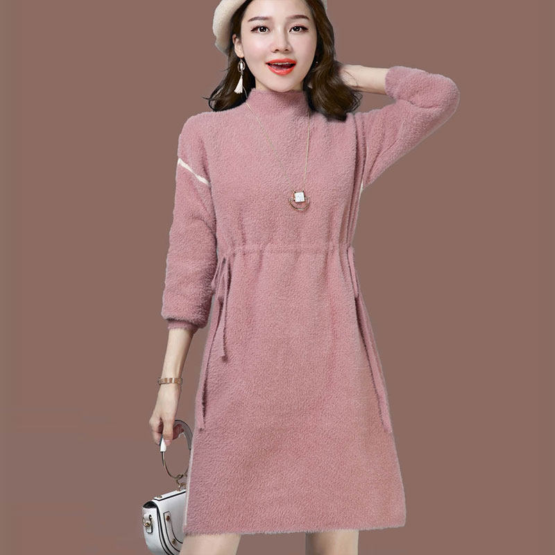 Imitation Ferret Inné Hitchhiking Dress 2023 Autumn Winter New Woman Medium Long Thickened Wool Knit Undershirt Cashmere Sweatshirt-Taobao