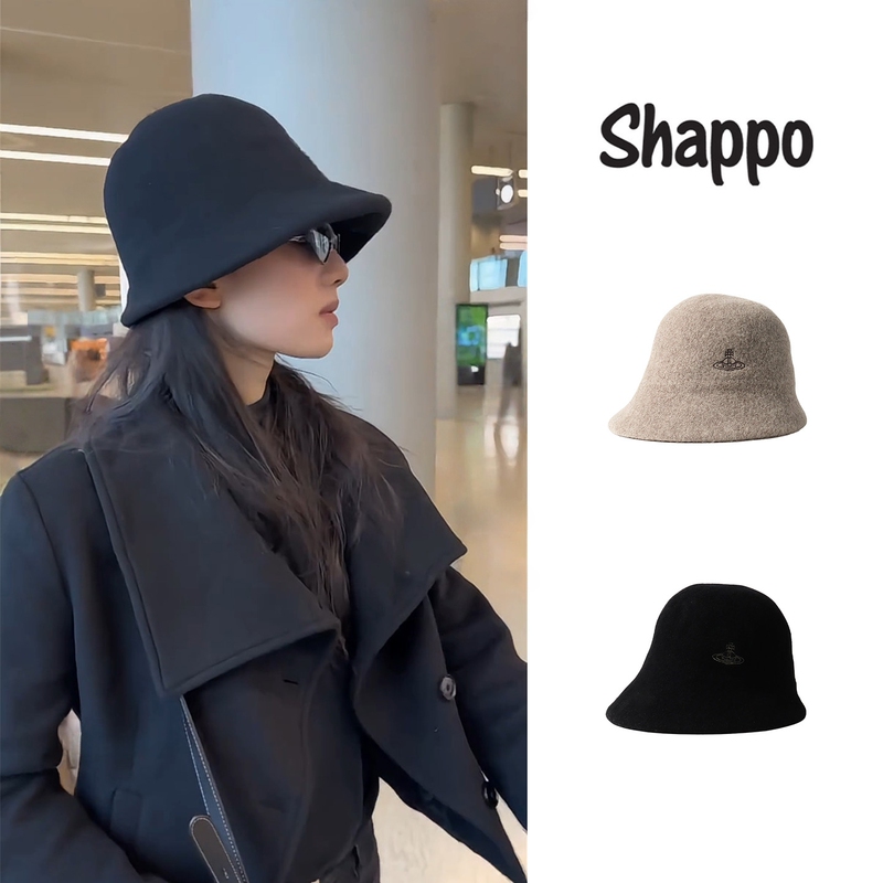 Zhang Jingyi's Same Style Black Fisherman Hat Shappo Japanese Saturn Embroidery 100% Wool Hat Women's Winter Bucket Hat