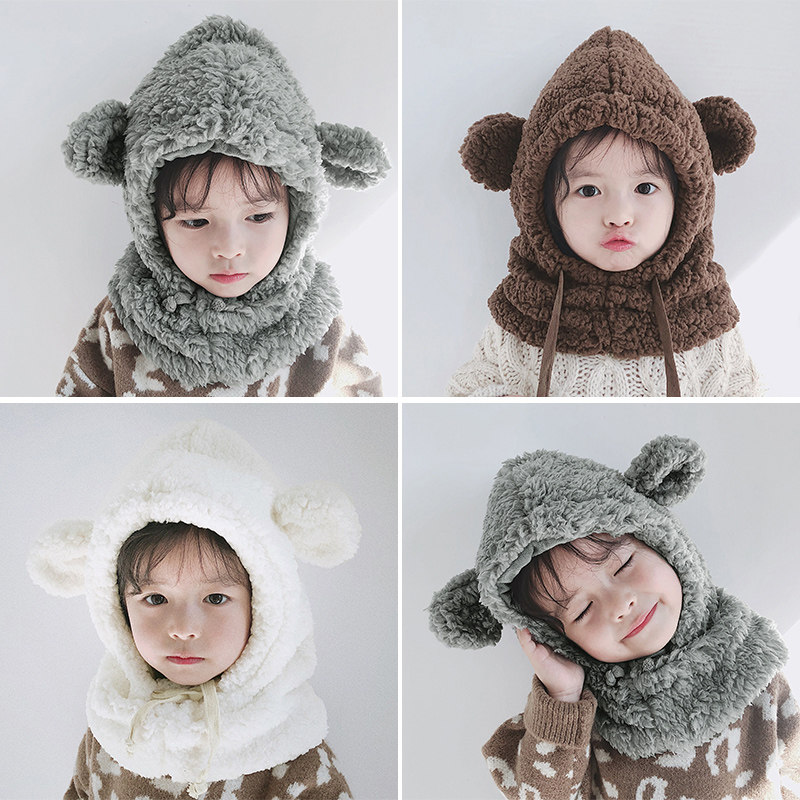 Children's hats autumn and winter trendy female baby warm sleeve head ear protection scarf boy toddler one plush baby hat