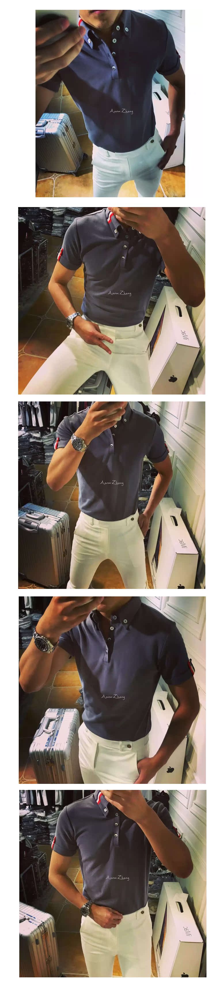 [Trà cũ của Kim Ngưu] Mùa hè mới 18ss làn sóng thời trang nam tb dải màu Slim áo thun ngắn tay Anh áo thun polo
