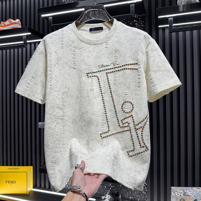 European High-End Embroidered Distressed Short-Sleeve T-Shirt for Men, 2026 New Summer Trendy Brand, Light Luxury American-Style Half-Sleeve