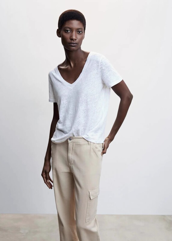 Linen V-Neck T-Shirt, Loose Linen-Like Material, Short-Sleeved, Workwear, Solid Color, Lazy French Style, Thin White Linen Top