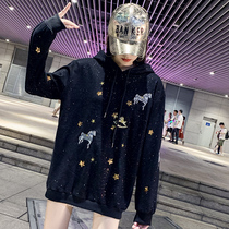 Shiny sequined sweater 2021 new womens long-sleeved Korean version loose spring and autumn and winter hooded tide ins medium-long section