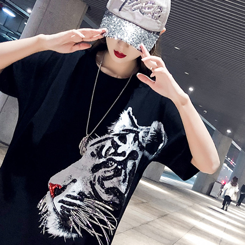 European Stock Big Edition Loose T-Shirt Woman Short Sleeve Nail Beads Netting Red European Station Sequins Shins Bright Shins Shiny Shiny