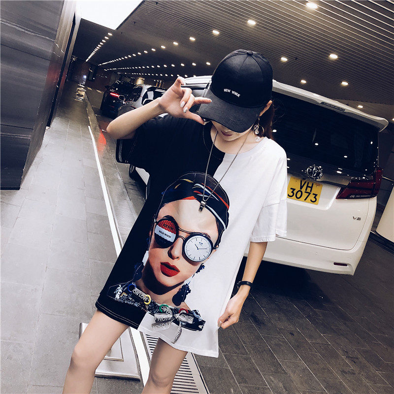 2022 summer dress new European goods large version cotton ins short-sleeved t-shirt female Hong Kong flavor Harajuku loose net red medium and long version tide