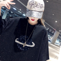 2022 new European stock big version loose t-shirt woman short sleeve net red sequins black bright shiny in the middle of a boarder