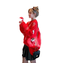 Red sweater for women in their zodiac year autumn and winter thickened stylish Korean style loose outer wear cute lazy style large size top trendy