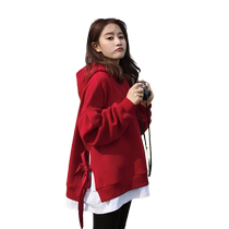 Early autumn red sweatshirt for women in spring and autumn thin section trendy large size fat mm Korean style top fake two piece loose hoodie jacket