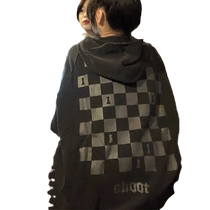 Super hot cec sweatshirt for women autumn and winter Korean style vintage retro checkerboard hooded jacket trendy student loose top