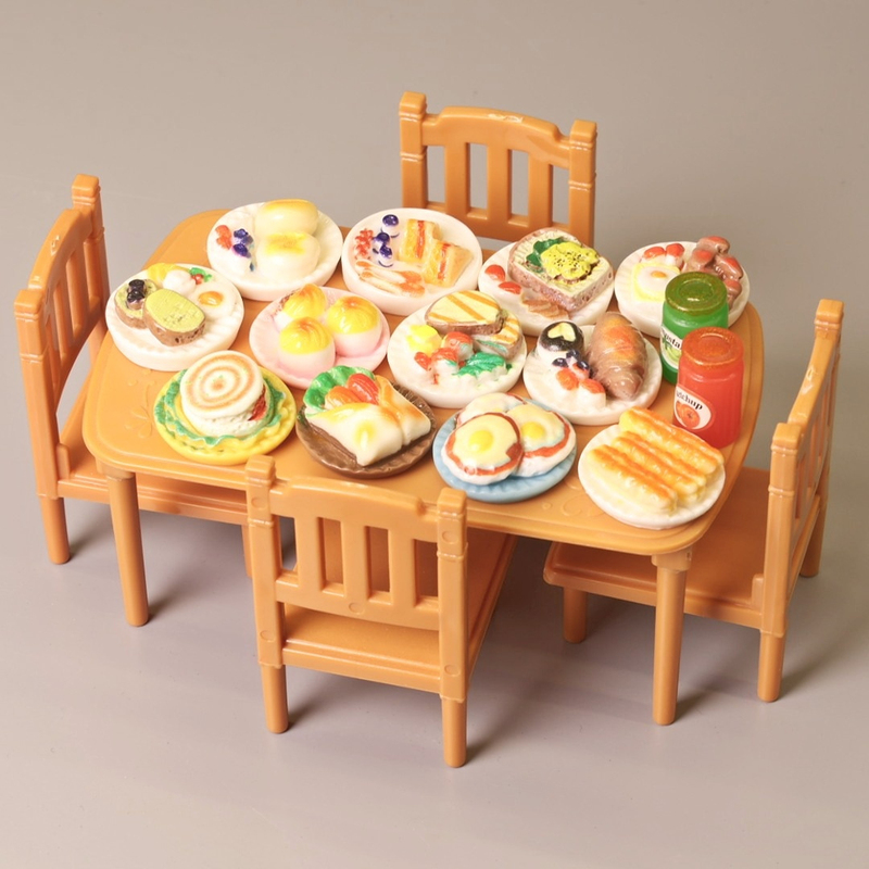 Miniature Pretend Play Furniture Kitchen Model Pocket-Sized Toy Rectangular Simulation Small Dining Table and Chairs Small Toy Gift