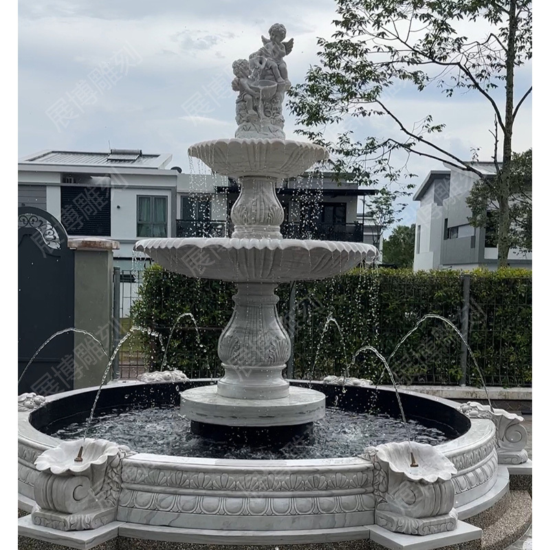 European-Style Stone Sculpture Flowing Water Fountain, White Marble Sculpture, Outdoor Courtyard Villa Flowing Water Fountain, Marble Fish Pond Landscape