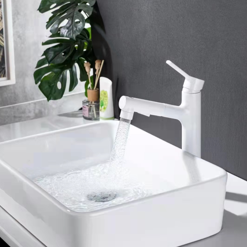 Nordic full copper white pull-out tap Makeup Room Individuality Side Basin Silver turn table basin Tap