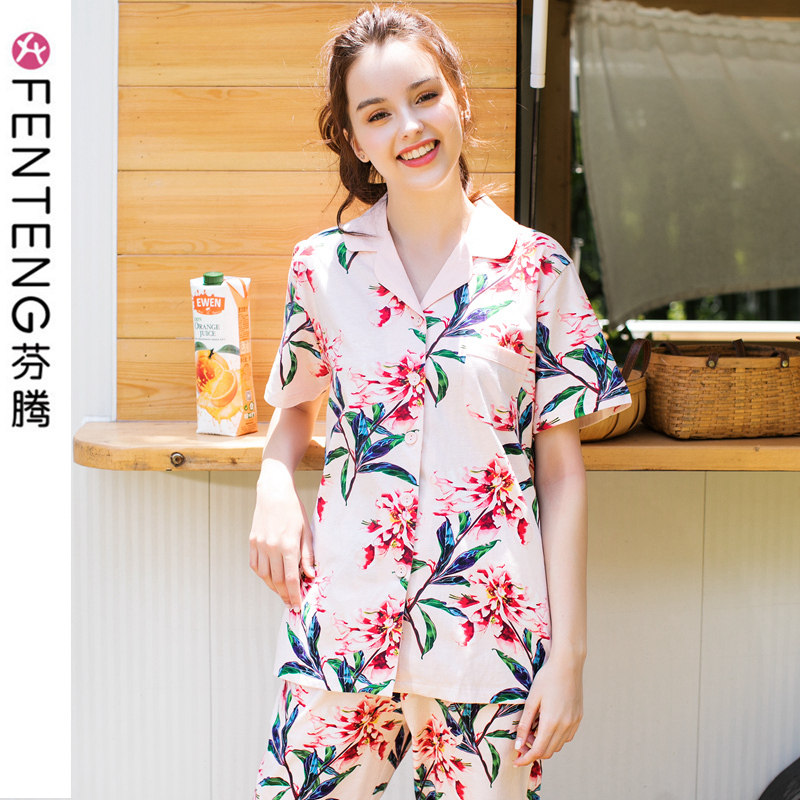 Fenteng women's pajamas 2022 spring and summer new short-sleeved trousers cardigan cotton air-conditioning shirt increase home wear suit