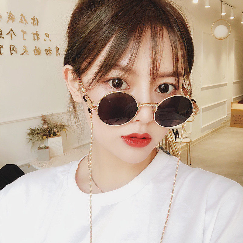 ins retro hip hop tea color round frame sunglasses tidal women with chain Korean version net red shivering voice street flavored sunglasses male