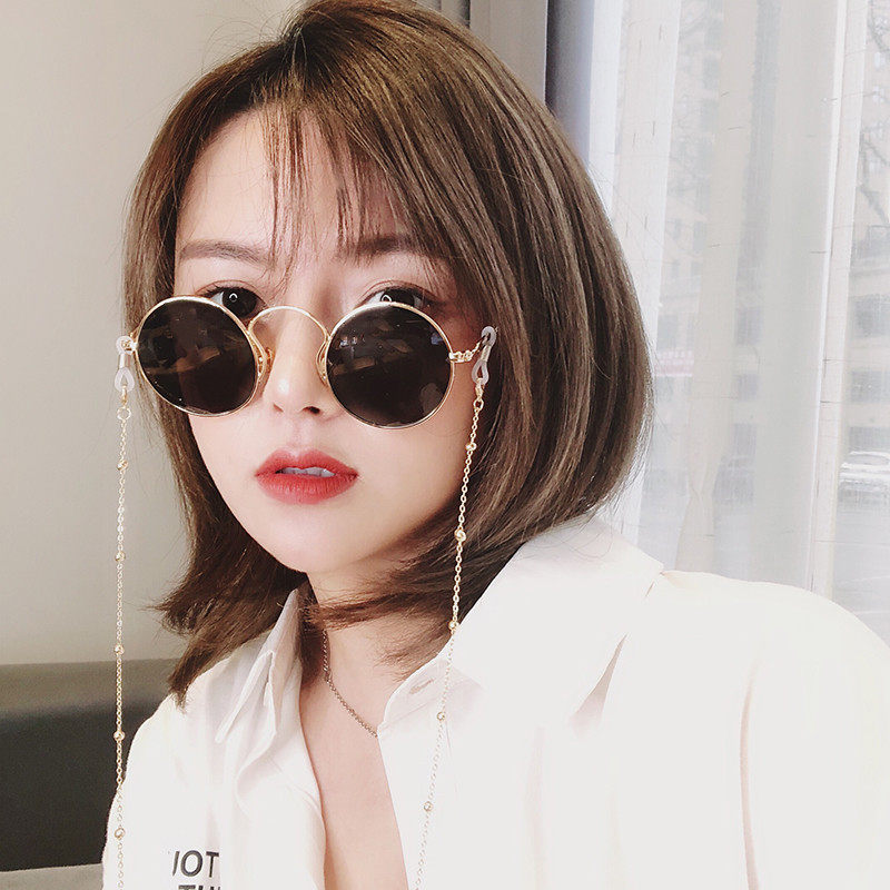 2020 new round round frame retro sunglasses men's trendy Hong Kong style brown polarized vibrato with chain sunglasses women