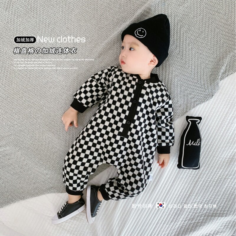 South Korean baby winter clothing plus suede clothes for men and women Chessboard Grid Winter Out Warm Khaclothes Climbing Clothes