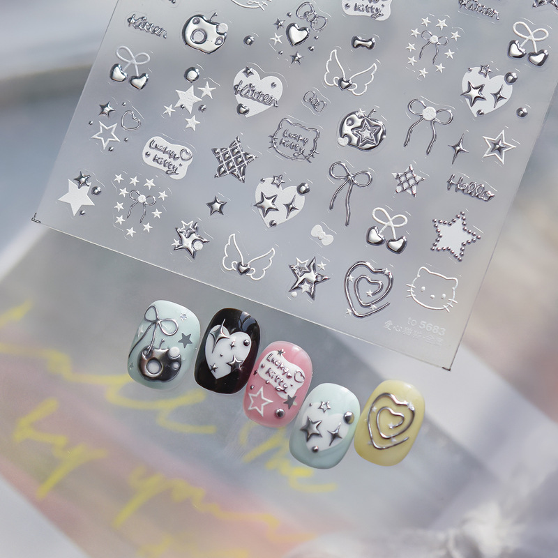 Metallic Sweet and Cool Nail Stickers, Cute Cartoon Stars, Hearts, Cats, Nail Decoration Stickers, Versatile for Everyday Use Metallic Sweet and Cool Nail Stickers, Cute Cartoon Stars, Hearts, Cats, Nail Decoration Stickers, Versatile for Everyday Use