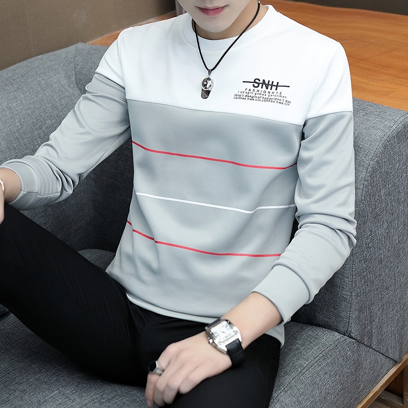 Summer long-sleeved T-shirt men's thin casual base small shirt Korean version round neck printed thick cotton T-shirt men's handsome top clothes