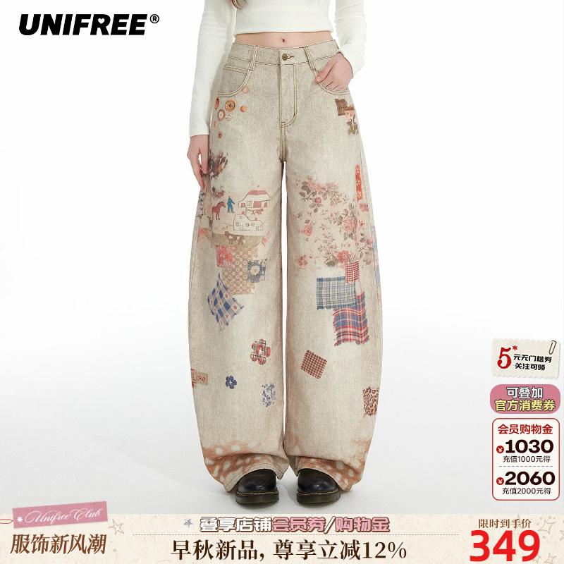 Unifree Cartoon Print Floral Plaid Patchwork Jeans for Women Retro Washed Straight Loose Wide-Leg Pants Unifree Cartoon Print Floral Plaid Patchwork Jeans for Women Retro Washed Straight Loose Wide-Leg Pants