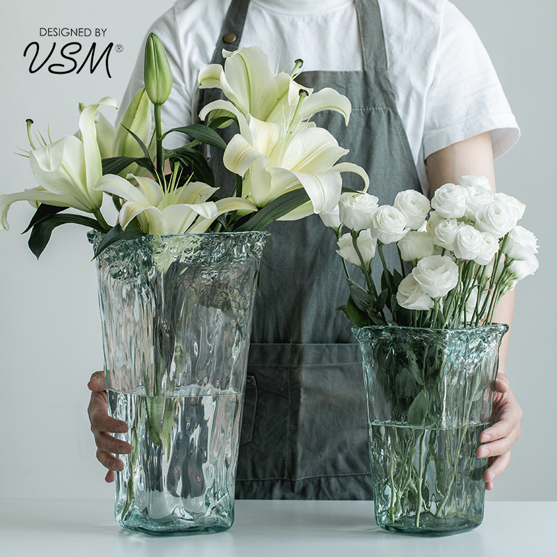 Spanish Imported Vsm Vase Ornament, Living Room Flower Arrangement Device, European-Style Transparent Glass Deep Water Vase, Creative Flower Awakening Bucket
